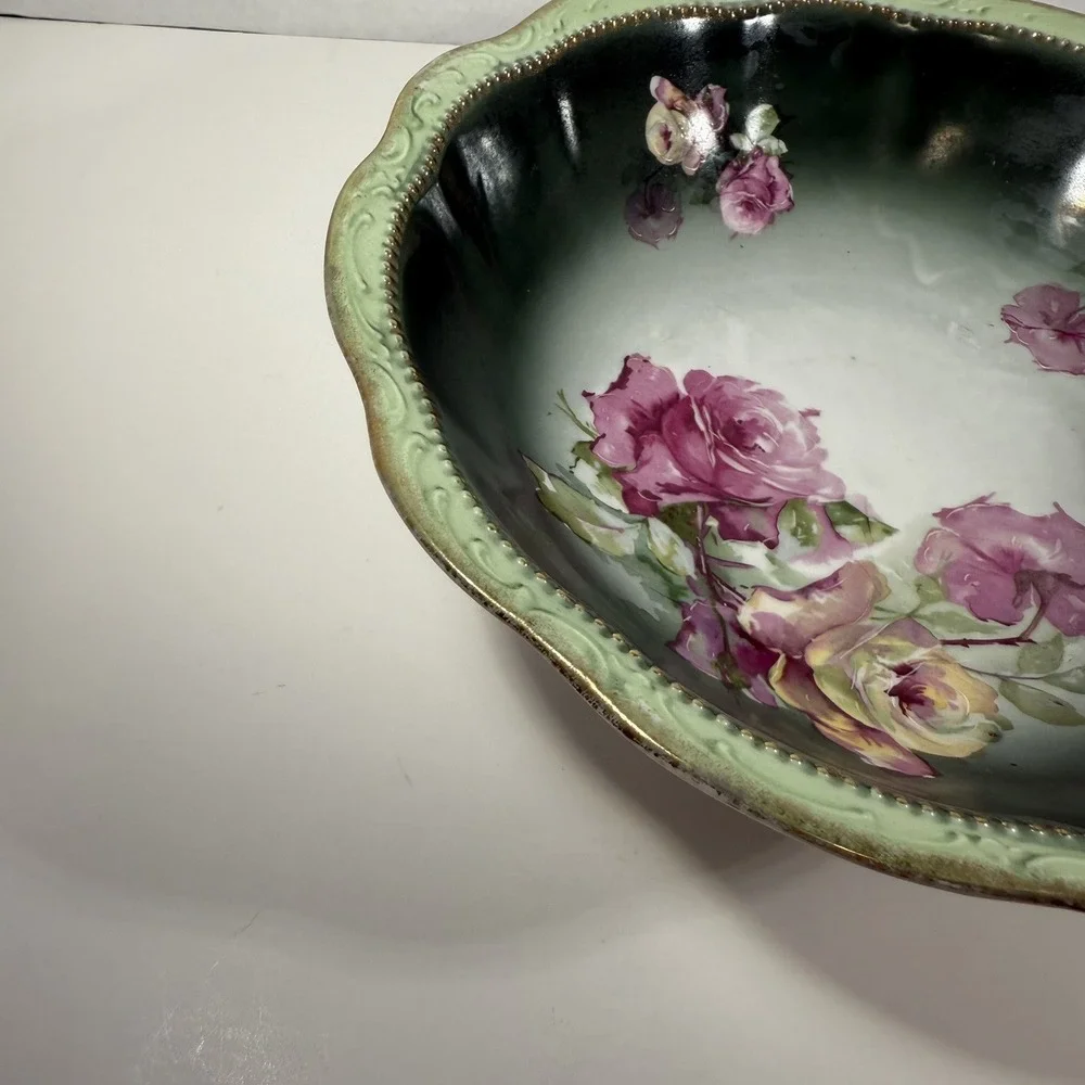 Three Crown China Germany Hand Painted Bowl Roses Gilt Edge‎ 9.5